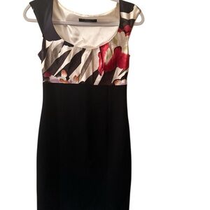 Elie Tahari Black and Red Floral Midi Dress